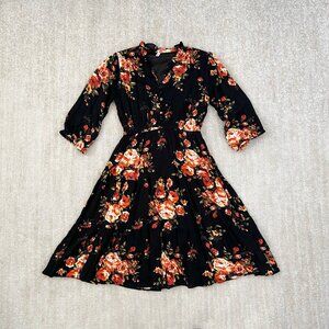 Floral Boho Summer Tiered Ruffle Midi Dress With Sleeves L